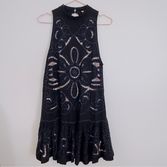 Free People Floral Mini Dress Eyelet Drop Waist Lace Halter Sleeveless - Picture 4 of 8